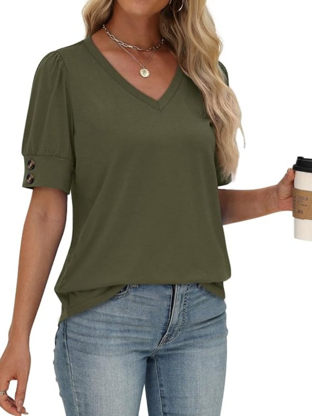 Womens Tops Short Sleeve Shirts Buttons V Neck Spring Fashion Summer Outfits Plu - Picture 3 of 5